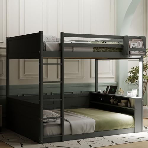 Queen over Queen Bunk Bed with Ladders, Solid Wood Bunk Beds with LED Lights, Built-in Shelves and USB Ports, Floor Bunk Bed Frame for Kids, Boys, Girls, No Spring Box Needed, Gray