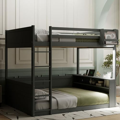 Queen over Queen Bunk Bed with Ladders, Solid Wood Bunk Beds with LED Lights, Built-in Shelves and USB Ports, Floor Bunk Bed Frame for Kids, Boys, Girls, No Spring Box Needed, Gray