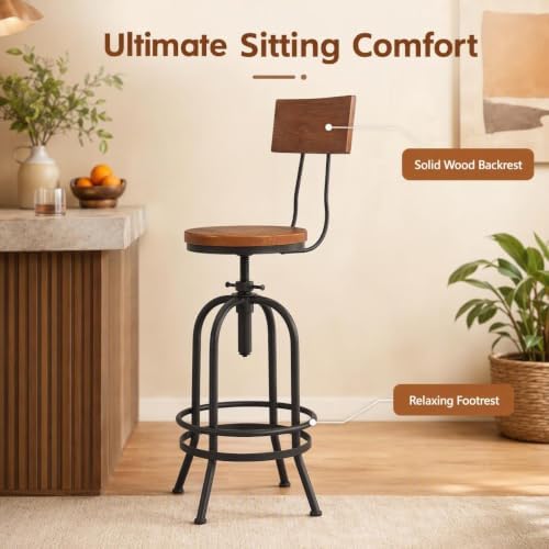 Set of 2-Industrial Bar Stools with Backrest-Swivel Wood Seat-Bar Counter Height Adjustable 26-32.2inch-Kitchen Island Dining Chair