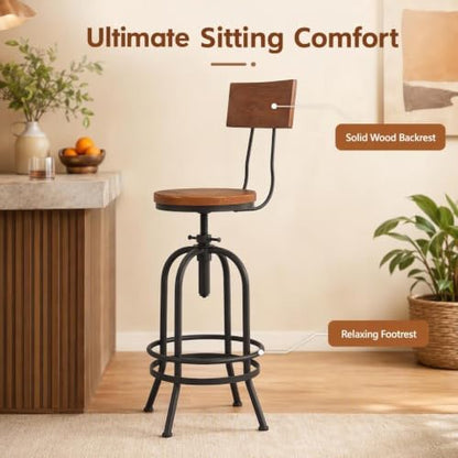 Set of 2-Industrial Bar Stools with Backrest-Swivel Wood Seat-Bar Counter Height Adjustable 26-32.2inch-Kitchen Island Dining Chair