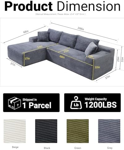 108" Cloud Boneless Couch, L-Shaped Sectional Sofa for Living Room, Grey