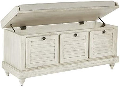 OSP Home Furnishings Dover Coastal Lift-Top Storage Bench with Shutter Face Styling, White Wash Finish with Off-White Fabric Cushion