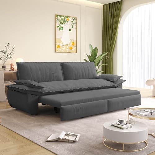 73.2" Sofa Bed Queen, 3-in-1 Pull Out Sofa Bed with Pillow Armrest, Modern Corduroy Convertible Sleeper Futon Sofa for Living Room Small Space, Apartment, Bedroom, Grey