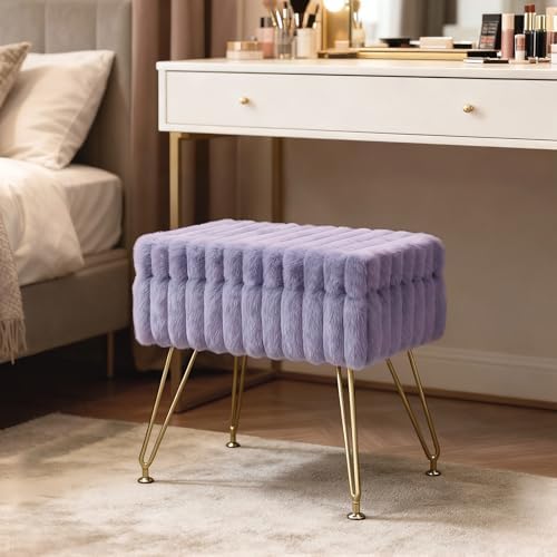 Vanity Stool Chair with Storage, Faux Fur Soft Padded Ottoman with Coffee Table, Modern Vanity Chair Fluffy Footstool with Metal Legs for Makeup, Living Room, Bedroom Purple
