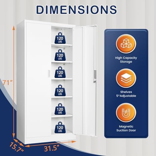 White Garage Storage Cabinet, 71" H Metal Storage Cabinet with 5 Adjustable Shelves, Locking Cabinets for Home, Office, Garage, School