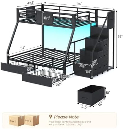 Bunk Bed Twin Over Full with Stairs, Storage Drawers and LED Lights
