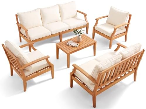 Devoko 5 Pieces Outdoor Sectional Sofas with 4” Zippered Cushions, Beige