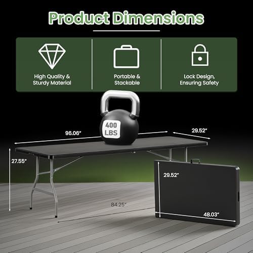 8FT Black Plastic Folding Table, Fold-in-Half with Carry Handle