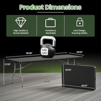 8FT Black Plastic Folding Table, Fold-in-Half with Carry Handle