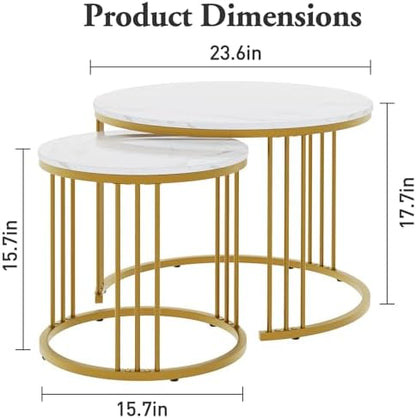 Garden 4 you Coffee Table Faux Marble Nesting Table for Small Place 2 Sets Modern Furniture Living Room Sets End Side Table Night Stand for Bed Room Dining Room (White & Gold)