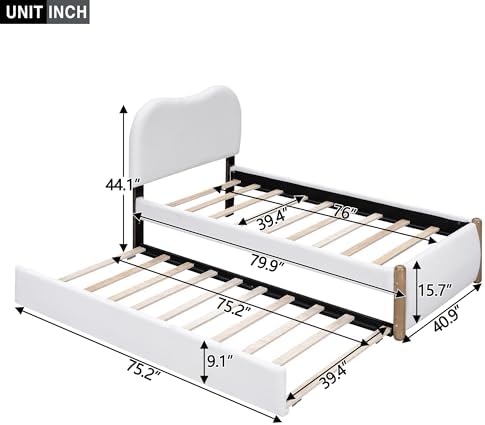 Merax Twin Size Upholstered Platform Bed with Wood Supporting Feet and Twin Size Trundle, White