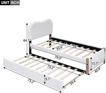 Merax Twin Size Upholstered Platform Bed with Wood Supporting Feet and Twin Size Trundle, White