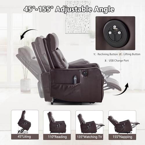 Power Lift Recliner Chair with Vibration Massage and Heat for Petite Elderly, Small Lift Chair with Side Pocket Remote Control, Infinite Position, Faux Leather Red Brown