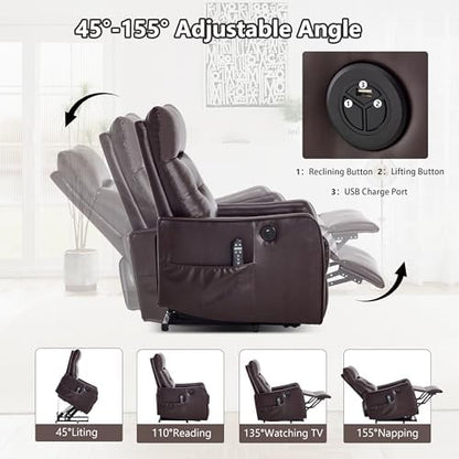 Power Lift Recliner Chair with Vibration Massage and Heat for Petite Elderly, Small Lift Chair with Side Pocket Remote Control, Infinite Position, Faux Leather Red Brown