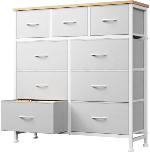 A light gray 9-drawer storage cabinet with a natural wood top and white metal frame, shown on a plain white background with one drawer pulled out.
