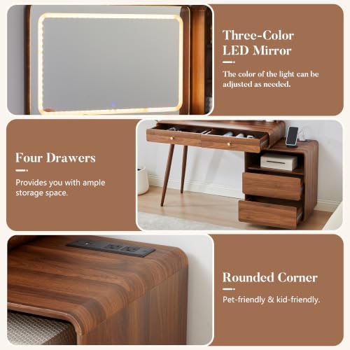 Walnut Makeup Vanity Desk with Mirror and Lights, Modern Wood Vanity Table