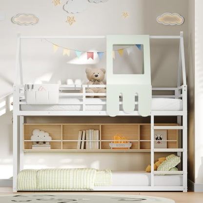 Decofy Bunk Bed Twin Over Twin with Book Shelf, House Bunk Bed Frame, White