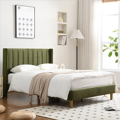 YUHUASHI Full Bed Frame，Platform Bed with Upholstered Headboard，Grass Green