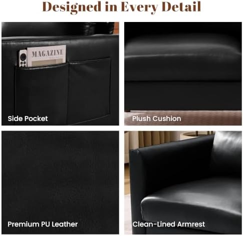 Faux Leather 3-Seater with Side Pocket, Black