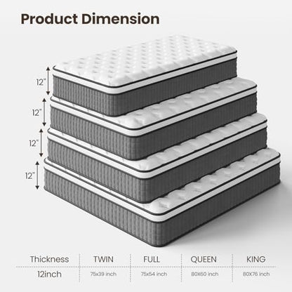 Sleep 12 Inch Full Size Mattress, Hybrid Mattress in a Box, Cooling Gel Memory Foam and Individual Pocket Springs for Pressure Relief, CertiPUR-US Certified, Medium Firm Feel