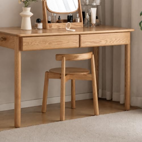 Oak Wood Vanity Stool with Solid Wood Stool Seat, Natural