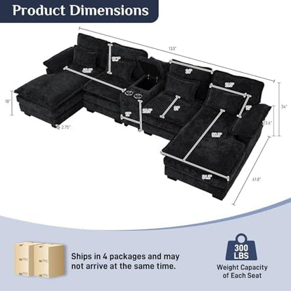 OUYESSIR 132" U Shaped Cloud Sectional Couch with USB Port, Dark Black