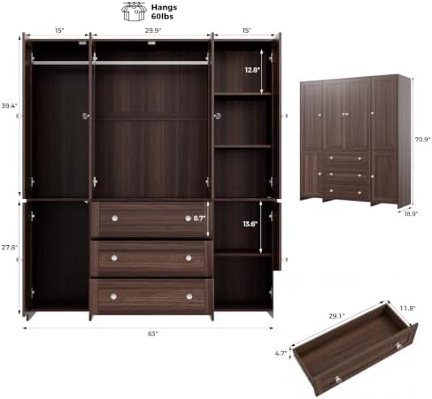 VOWNER 71" Armoire Wardrobe Closet with Drawers and Mirror, 6 Doors