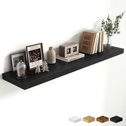 10 Inch Deep Shelves, Floating Shelves for Wall 48 Inches Long, Wood Floating Shelves for Wall, Large Storage Shelves Wall Mount for Living Room Bedroom, Black, Set of 1