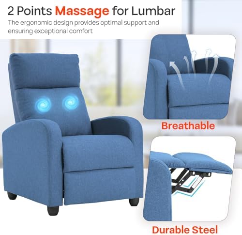 FDW Recliner Chair Massage Chair Reading Chair Reclining Sofa Home Theater Seating with Lumbar Support Massage and Padded Backrest for Living Room and Bedroom (Textile, Blue)