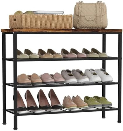 4-Tier Metal Shoe Rack with Wood Top - Durable & Space-Saving Shoe Organizer,Industrial Shoe Organizer Shelf Bench Storagefor Closet Entryway, Bedroom & Hallway - Bronze+Black 28.5 W × 25.5" H