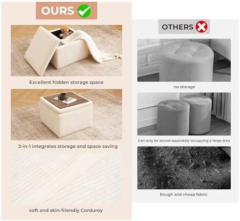 Cube Storage Ottoman, Ottoman Footstool with Removable Lid, Chenille Ottoman Foot Stools, Storage Ottoman for Chair, Multi-Functional Footrest, Corduroy Beige