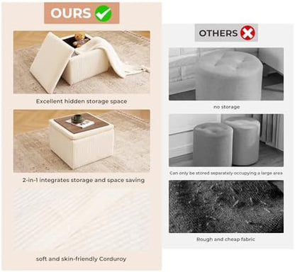 Cube Storage Ottoman, Ottoman Footstool with Removable Lid, Chenille Ottoman Foot Stools, Storage Ottoman for Chair, Multi-Functional Footrest, Corduroy Beige
