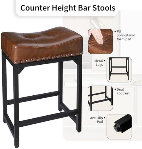 Bar Stools Set of 3, Counter Height Bar Stools for Kitchen Counter, 24 Inch Saddle Backless Barstools Kitchen Stool, Counter Height Stool for Dinning Room, Island-Brown