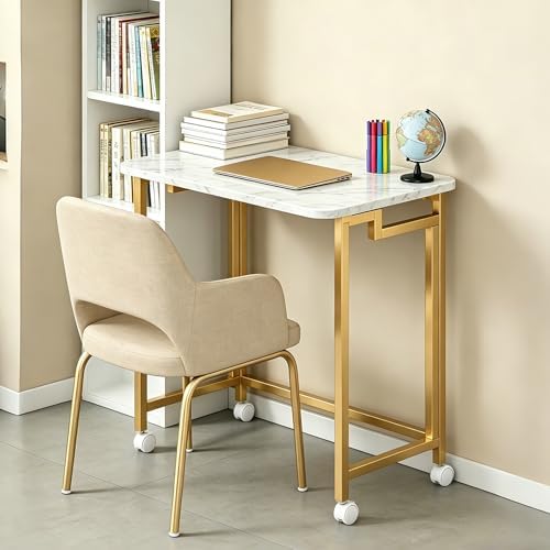 JSB 23.6" Folding Desk for Small Spaces,Mobile Portable Rolling Laptop PC Table on Wheels,Foldable Computer Desk for Home Office,Bedroom,Dorm,Space Saving White&Gold