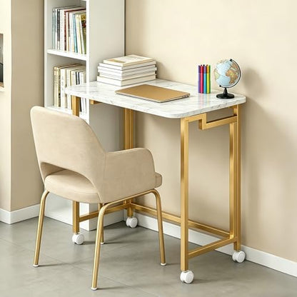 JSB 23.6" Folding Desk for Small Spaces,Mobile Portable Rolling Laptop PC Table on Wheels,Foldable Computer Desk for Home Office,Bedroom,Dorm,Space Saving White&Gold