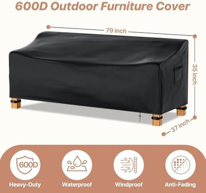 Outdoor Couch Cover Waterproof, 78" Wx 33" Dx 32" H Patio Furniture Covers Waterproof, Windproof 2-Seater Sofa Cover Heavy Duty with Air Vent and Handles for Lawn, Backyard Deck, Black