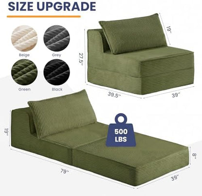 Erament Folding Sofa Bed, 8" Convertible Sleeper Sofa Fold Out Chair Bed with Pillow, Portable Floor Couch Lounge Sofa for Living Room Bedroom Guest Room, Green