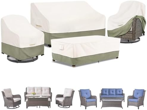 Bitubi Outdoor Waterproof Patio Furniture Covers 4-Piece Set for Swivel Rocker Chairs, Patio 3-Seater Sofa 79in, Coffee Table 48in, Heavy Duty 600D Tough Canvas, Beige