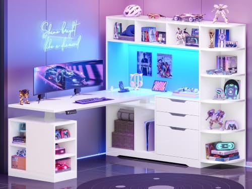 SEDETA 59" L Shaped Standing Desk with 3 Drawers Storage and Bookshelves