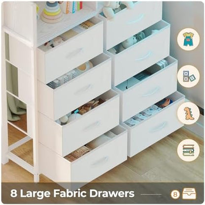 ADORNEVE Twin Loft Bed with Desk, 8 Storage Drawers,LED Lights, White