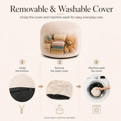 Storage Pouf Cover, No Filler, Corduroy, Cream White, 20 Inch