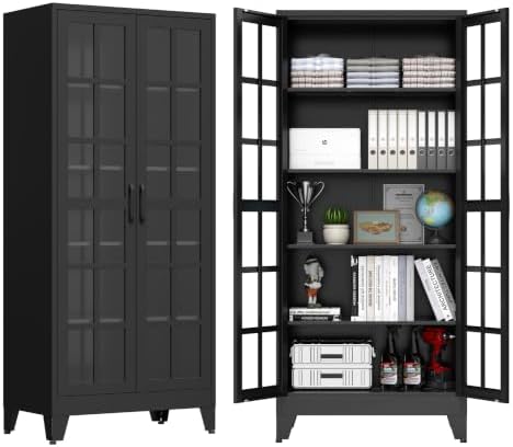 71" Metal Storage Cabinet with 5 Adjustable Shelves, Glass Grid Black