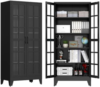71" Metal Storage Cabinet with 5 Adjustable Shelves, Glass Grid Black