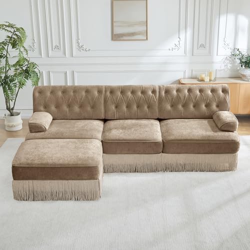 106" L-Shaped Velvet Chesterfield Style Modular Sectional Sofa, Oversized Button Tufted 3-Seater Couch with 1 Ottoman & Floor-grazing Tassel Fringe Skirt, Easy Assembly, for Living Room, Camel