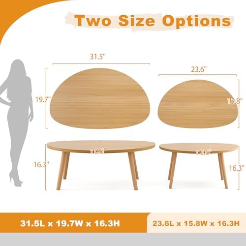 Small Coffee Table, Oval Coffee Table for Small Space 23.6"L Kidney Natural