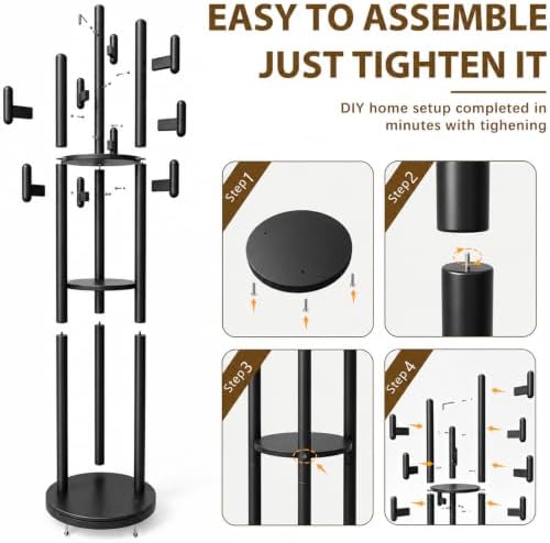 Rotary Coat Rack Freestanding - Solid Wood Coat Tree with 9 hooks & 3 Storage Shelves for Purse, Bag, Jacket, Hat, Corner Hanger Stand Racks for Hall, Entryway, Office, Modern Clothes Holder(Black)