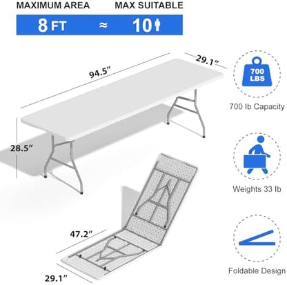2 Pack Foldable Table 8FT for Camping Party Picnic, School, White