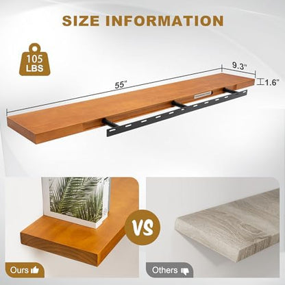 Floating Shelves, 9.3 Inch Deep Solid Pine Wood Wall Shelves for Storage, Rustic Wall Mounted Display Shelf with Invisible Heavy-Duty Metal Bracket, 55 Inch Width, Honey Oak
