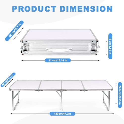Moosinily Small Camping Table 4FT Folding Picnic Table Foldable Low Camp Table Portable Short Aluminum Outdoor Short Floor Beach BBQ Travel White 47.2×15.7 inch