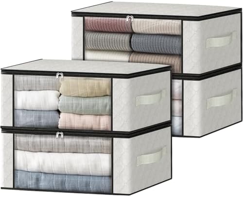 HomeHacks 4-Pack Clothes Organizer Storage Bags, 35L Storage Bins, White